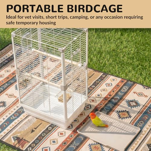24" Portable Double-Layer Bird Cage, Travel Parrot Carrier with Handle for Vet Visits, Short Trips, White Metal Mesh Cage, for Parakeets, Cockatiels, Lovebirds, Small to Medium Birds
