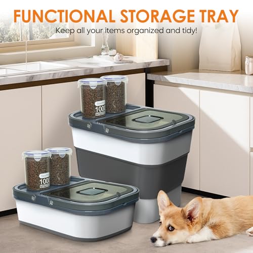 HOYTAMDAR 35lbs Collapsible Dog Food Storage Container,Rolling Wheels | Dog Food Container with Airtight Lid,Pet Food Storage Container with Scoop,2L Small Dry Food Pail For Dog Cat Bird Seed - color: Grey-35lbs