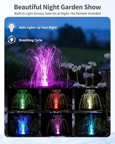 8W Solar Fountain Pump with 3200mAh Battery Backup & LED Lights, Solar Water Fountain Kit with 8 Nozzles & PVC Tubing for Bird Bath, Pond, Fish Tank, Backyard Decor P108DL - size: 8W Fountain with LED Light