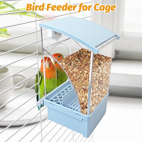 BNOSDM No Mess Bird Feeder Transparent Automatic Bird Cage Feeder with Perch Acrylic Parrot Food Container Parakeet Cage Accessories for Parakeets, Budgies, Cockatiel, Finch, Canary, Lovebird (Blue) - color: Blue