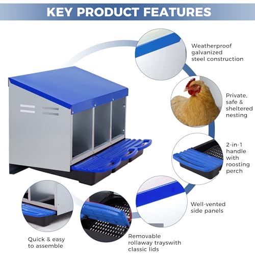 Chicken Nesting Box 3-Compartment Roll-Out with Pull-Out Trays, Egg Nesting Boxes for Hens, Chicken Coop Laying Box,Easy Wall Mounting with Metal Legs - color: Blue, size: 3 holes