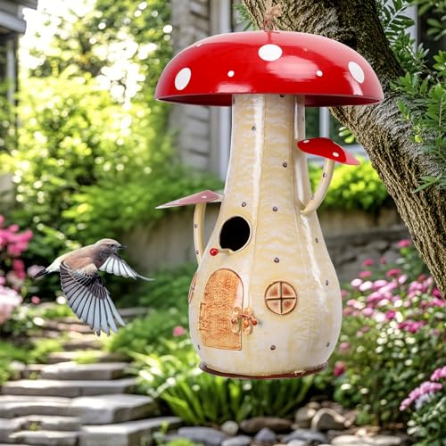 Yinns Metal Mushroom Bird House, Wild Bird Houses Outdoor Garden Decor | 13.8 Inch Big Bird Houses for Outdoors, Decorative Birdhouse for Home Garden Decor for Your Backyard Habitat - color: Red Mushroom