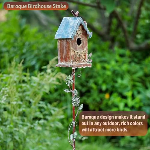 Baroque Cottage Bird House Stake for Outside with Pole, Distressed Metal Birdhouse Stand for Outdoor Garden,Purple - style: Baroque