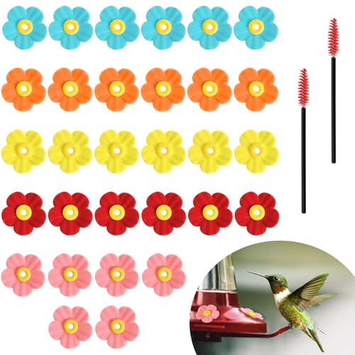 30 Pieces Hummingbird Feeders Replacement Flowers, Feeding Ports Replacement Bird Feeder Replacement Parts for Hanging Feeding Hummingbird Outdoors(Pink,Blue,Red, Yellow, Orange) - color: Pink+Blue+Red+Yellow+Orange