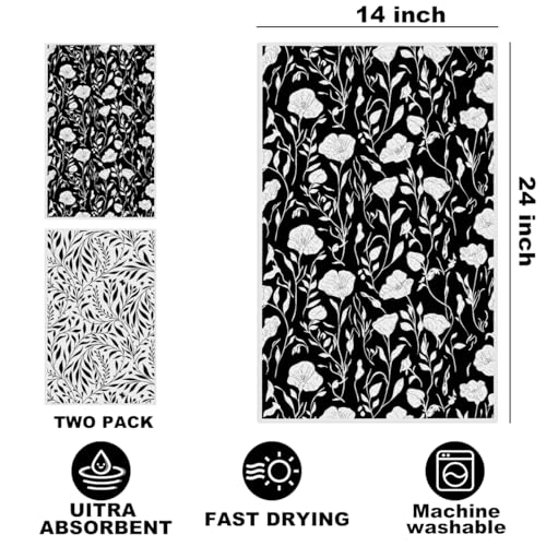 2 Pcs Black White Flower Kitchen Towels, Floral Seamless Waffle Hand Towel | Absorbent Microfiber Dish Cloth Tea Towel for Kitchen Bathroom Decor, Housewarming Gifts for Women 24x14 Inch - color: Multi 1376