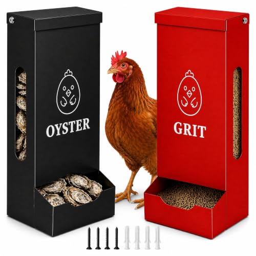 Chicken Feeder 2 Pack, Hanging Gravity Feeding Kit for Oyster Shell & Grit, Sturdy Metal Poultry Dispenser with Protective Cover, Weatherproof Food Holder for Chicken Coop, Ducks and Pigeons