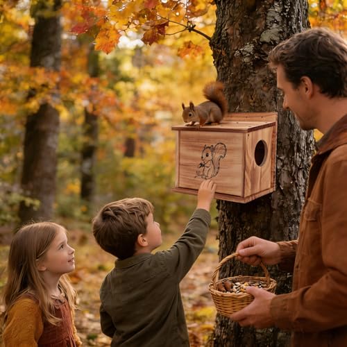 Squirrel House for Outside with Raccoon-Proof Baffle, Carbonized Pine Nesting Box, Outdoor Squirrel Box for Backyard Wildlife