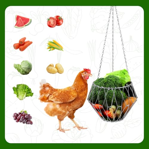 Hanging Chicken Feeder, Metal Chicken Treat Dispenser with Chain and Stand Pole, Chicken Enrichment Toys, Chicken Coop Accessories for Hens, Turkeys, Ducks, Geese, and Other Poultry