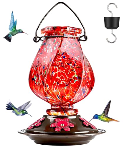 Hummingbird Feeders for Outdoors Hanging, Hand Blown, Red, 22oz | Glass Hummingbird Feeder with Ant Moat, 5 Bee-Proof Ports, Leak-Proof, 360° Perch, Garden Decor, Gifts for Women Men Mom Dad - color: Red