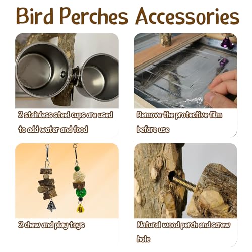 Tfwadmx Bird Perch Natural Wood Stand Toy Parrot Play Stand Platform Bird Cage with Removable Tray and 2 Stainless Steel Cups for Parakeets Canaries Cockatiels Conure Lovebirds