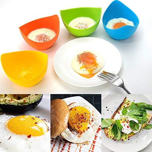 Silicone Egg Poacher Cups, 4 Pack with Stable Ring Base | Make Poached Eggs Easily on Stovetop, Microwave, Air Fryer or Oven, Easy Release, BPA-Free, Includes Oil Brush