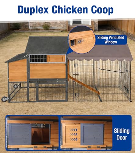 Large Chicken Coop with Wheels, Upgraded with All-Arounded Iron Frame Chicken Tractor, Poultry Chicken House with Large Run, Waterproof Roof, Expandable Nesting Box, 85" L for 5-7 Chickens