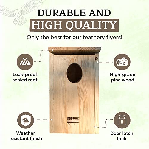 Made in USA, Wood Owl House with Oval Opening, Kestrel Bird Houses for Outside, Easy-to-Install Nesting Boxes for Screech, Boreal, Northern Saw Whet Owls, and American Kestrels - Applewood Outdoor