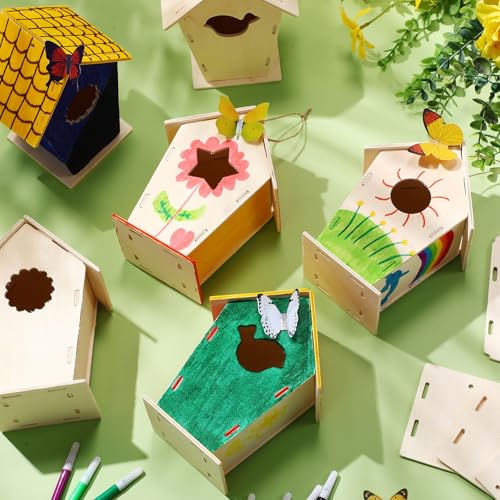 Outus 12 Pcs 5 × 7 Inch DIY Wooden Birdhouse Kit for Kids, Art Painting Bird House Craft Kit Unfinished Bird House Craft for Easter, Kids with Butterfly Sticker Gift 4 Shapes Summer Arts (Vintage) - style: Vintage
