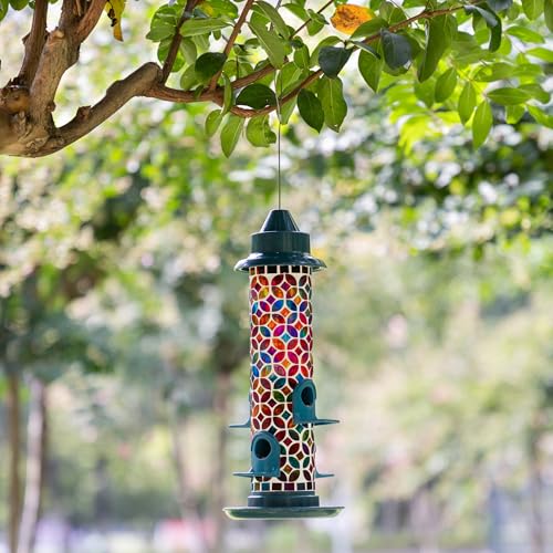 Glitzhome 20''H Glass Hanging Mosaic Bird Feeder, Multi-Color Wild Bird Feeders for Outdoors Garden Yard Backyard Deck and Porch Decor,4 Feeding Ports