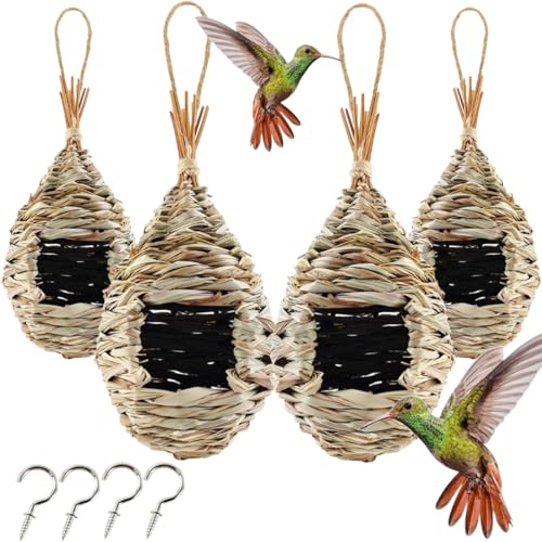TIHOOD 4PCS 9.2 x 4 Inches Hand Woven Hummingbird House,Bird Hut and Hummingbird Houses Nest, Small Hanging Bird & Chickadee House for Finch & Canary in Outdoor