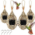 TIHOOD 4PCS 9.2 x 4 Inches Hand Woven Hummingbird House,Bird Hut and Hummingbird Houses Nest, Small Hanging Bird & Chickadee House for Finch & Canary in Outdoor