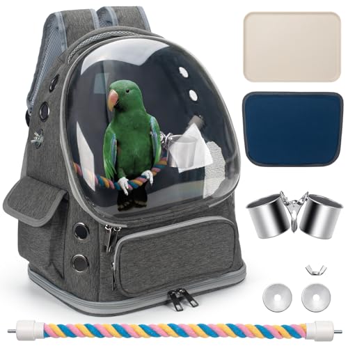 Bird Backpack Carrier Travel Cage with Perch, Tray and Breathable Clear Window, Bird Travel Cage for Cockatiel Caique Conure Quaker, for Vetting Camping Hiking (Grey) - color: Grey