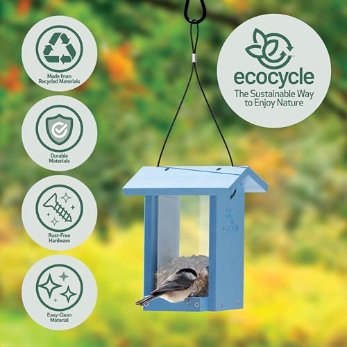 Tasty Tidbit Recycled Plastic Bird Feeder with Fresh Seed Tray for Wild Birds and Outdoor Décor, 0.875 Quart Capacity, Blue