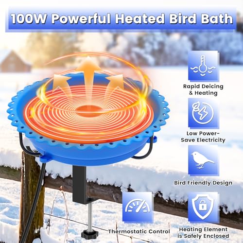Heated Bird Bath for Outdoors,Deck Railing Heated BirdBaths,Blue | Upgraded 100W,Thermostatically Controlled,Adjustable Clamp 3.2",Easy Clean/Install,Detachable Bowl,Garden Yard Patio Lawn - color: Blue
