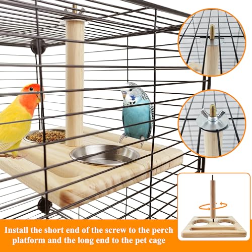 Bird Perch with Stainless Steel Feeding Bowl Cups,Parrot Wood Perch Stand Toy,Bird Cage Accessory,Parakeet Supplies for Parakeet Lovebird Cockatiel Conure Budgie Small Parrots(Small Size)