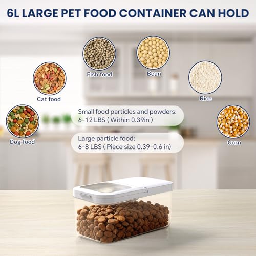 LEAWALK 6 Lbs Airtight Dog Cat Food Storage Container and Dog Treat Containers BPA-Free, PET Clear Stackable Pet Storage Bin, 1-Cup Scoop, 1-Sponge cleaning brush, Pop Top, With handle, Easy Mobility - color: Milky White 6L-A