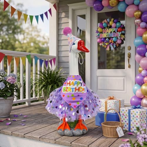 Large Porch Goose Outfits Set Decor - 20" Porch Goose Statue with Birthday Costume Gift for Mom Girl Boy ,Indoor or Outdoor Decorative Figurine for Garden Patio Lawn Entryway Accent,Housewarming Gifts - color: Purple Birthday Set