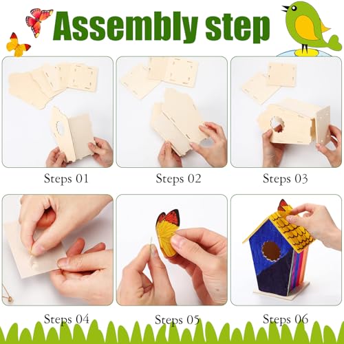Outus 12 Pcs 5 × 7 Inch DIY Wooden Birdhouse Kit for Kids, Art Painting Bird House Craft Kit Unfinished Bird House Craft for Easter, Kids with Butterfly Sticker Gift 4 Shapes Summer Arts (Vintage) - style: Vintage