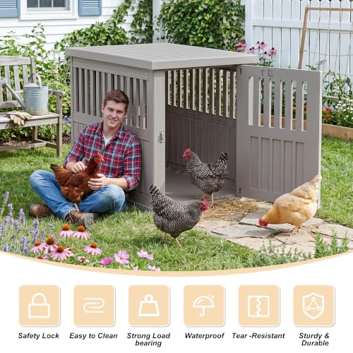 Large Chicken Coop with Stainless Steel Locking Plate, Resin Outdoor Duck House with Elevated Floor & Air Vents, Backyard Poultry Pet Shelter, Easy to Assemble, for Chicken, Ducks, Rabbits, Grey - color: Classic Grey, size: 39.4"L x 28.4"W x 32.8"H