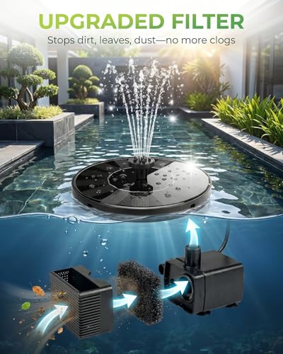 Solar Fountain for Bird Bath, 2026 Upgrade Solar Bird Bath Water Fountain with 7 Nozzle, 4 Fixed Pipe, Outdoor Standing Floating 1.4W Solar Powered Water Fountain for Garden, Pond, Pool, Tank (6.3 in)