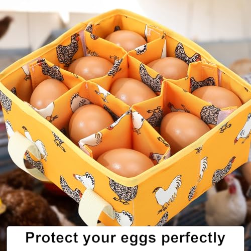 Removable Egg Collecting Basket, Foldable Canvas Egg Holder | Egg Basket for Gathering Fresh Eggs with 9 Pouches, Collector Egg for Chicken, Duck, Goose (Yellow-flowered Chicken) - style: Yellow-flowered Chicken
