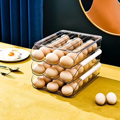 Sooyee 3 Layer Ramp Type Auto Rolling Egg Holder Storage Container for Refrigerator Organizer, Large Egg Container Bin, Clear, Food Grade PET - size: 3 Layer