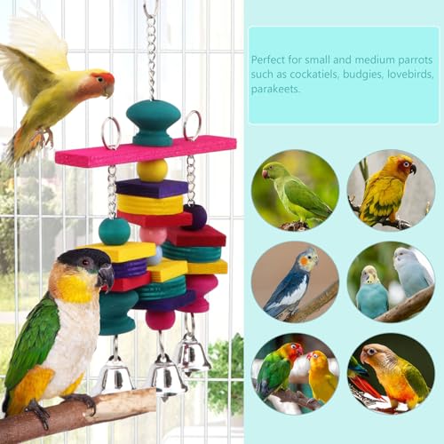 Hypeety Parrot Hanging Swing Bells Chew Toy Colorful Hanging Wood Block Natural Birds Toy for Parrot Macaw African Greys Cockatiels Budgies Conure Cage - color: Wooden Hanging Swing