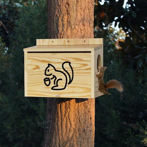 Wooden Squirrel House for Outside | Large Pine Wood Nesting Box with Front Open Panel, Easy Assembly Outdoor Animal Shelter for Backyard, Garden & Trees