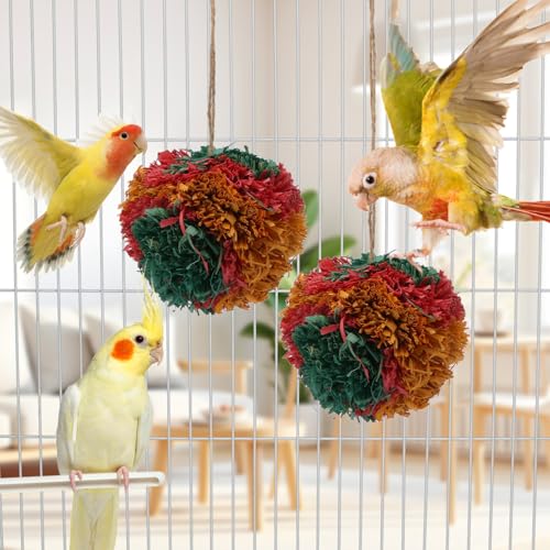 Hypeety Bird Shredding Chew Toy Cage Natural Foraging Shredder Balls, 2pcs | Funny crinkles foraging toys, easy to hang, 4” colorful ball, for cockatiel/conure/parakeet/budgie, fits most cages, 2 pack - color: 2 packs
