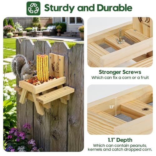 Squirrel Feeder for Outside and Garden, Funny Squirrel Picnic Table Feeder with Corn Cobs Holder and Peanut Tray, Quick Assembly Required