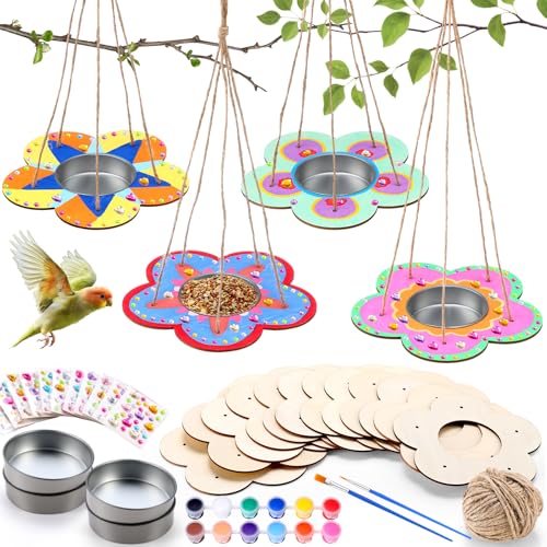 CroBlissful 12 Pack Bird Feeder Craft Kits for Kids DIY Your Own Bird Feeders with Paint and Paintbrushes Wooden Arts and Crafts for Kid Ornaments to Paint Feeders Craft for Garden(Flower Shape) - style: Flower Shape