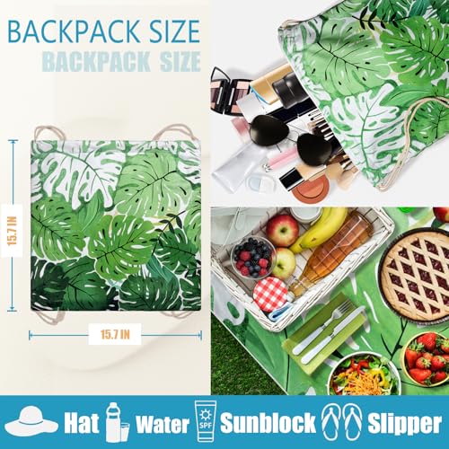 2 in 1 Packable Towel Bag - Summer Tropical Beach Blanket Backpack Green Travel Picnic Towel for Family Holiday Camping - color: Tropical Leaf Green