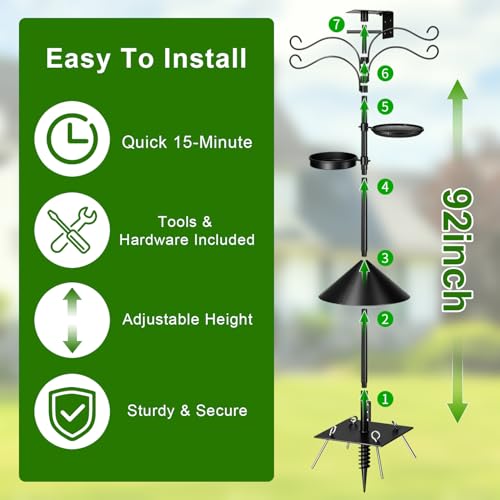 Upgraded Heavy Duty Bird Feeder Pole, 92 Inch Squirrel Proof Adjustable Bird Feeding Station,1 Inch Dia Bird House Pole, 4 Shepherd Hooks for Feeder Stand, Includes Water Bowl & Mesh Tray - size: 92inch