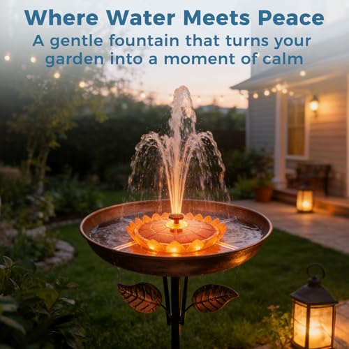 6.3" Solar Bird Bath Fountain, Lotus Design with LED Lights | 3.7V 1500mAh Battery, 23 LED Lights, 7 Color Modes, 5 Adjustable Nozzles, 50-55cm Lift Height, Anti-Floating Poles