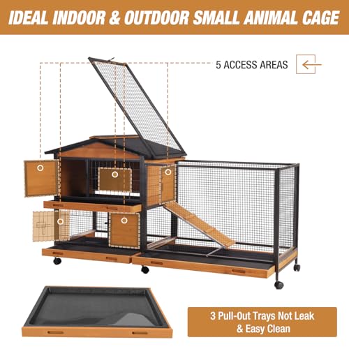 Rabbit Hutch Bunny Cage Strong Iron Frame Rabbit Cage Indoor and Outdoor Chicken Coop with Casters Waterproof Roof, Great for Rabbit,Bunny,Guinea Pig,Chickens. - size: 60.8"L x 22.6"W x 33.2"H