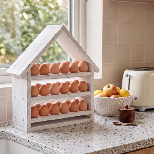 Wooden House Egg Holder Countertop,36 Hole,No Door,Whitewashed | 3 Tier, Pull out Fresh Egg Storage, Eggs Racks Basket, Counter Egg Organizer, Farmhouse Kitchen Deocrations Gift - color: Whitewashed, size: 36 Hole, style: No Door