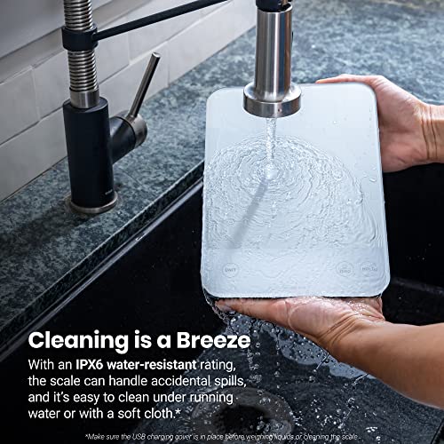 Etekcity 22lb Food Kitchen Scale, USB Rechargeable, IPX6 Waterproof | Digital scale with grams & ounces, 1g precision, 5 weight units, tare, ideal for baking and meal prep, White - color: Achromatic White