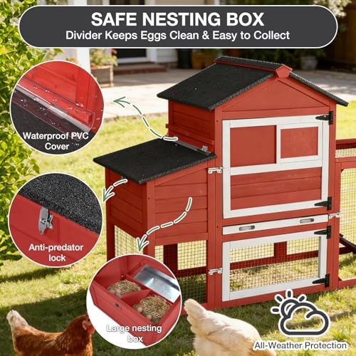 Large Chicken Coop with Run for 4-6 Chickens, Mobile Chicken Coop with Wheels & Handle, Outdoor Wooden Hen House with Nesting Box, Removable Tray, Waterproof Roof, Easy Clean Poultry Cage-Red