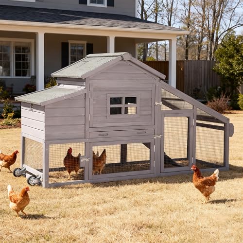 Mobile Chicken Coop with Wheels, Duplex Outdoor Chicken House with Expandable Run, Slide-Out Tray, Weatherproof Roof, Predator-Proof Hen House - Grey - color: 72.3"L Light Grey