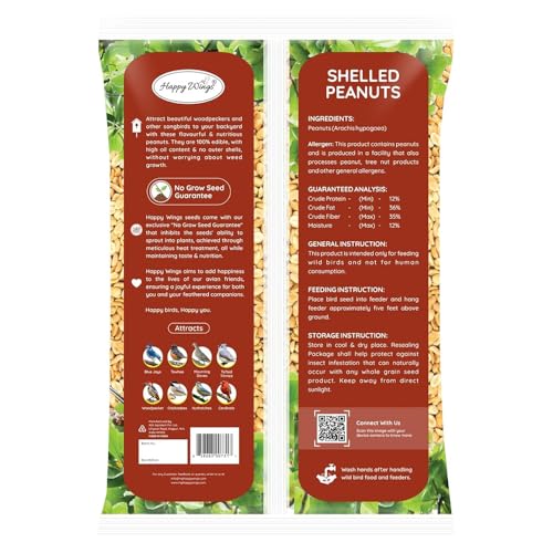Happy Wings 5LB Shelled Peanuts Bird Food, No Grow Seeds, 100% Edible | High in Oil & Protein, High Energy Content, No Waste Bird Seeds, Heat Treated at Optimum Temperature, USDA & BRC-GS Approved - size: 5 Pound (Pack of 1)