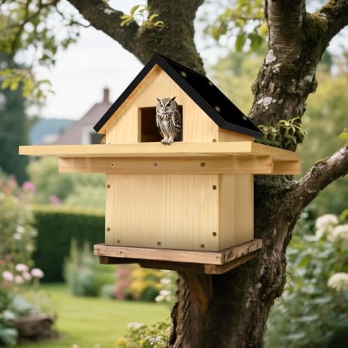 Owl House, Screech Wooden Owl Nesting Box, Weatherproof Design with Bird Stand, Large Opening, Mounted Birdhouse for Garden & Outdoor