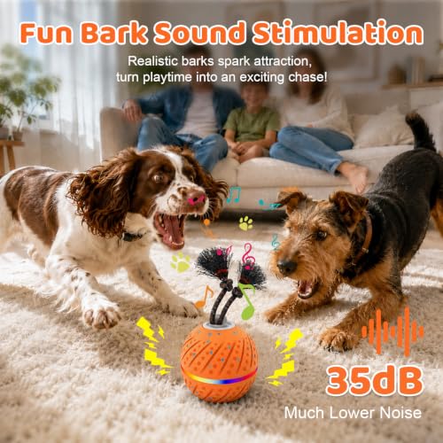 Smart Interactive Dog Toys Ball for Aggressive Chewers Medium Large,E-TPU | Auto-Moving & Bouncing Ball, 2 Modes with RGB Lights & Bird Sounds,Bite-Resistant Rope, IP54 Waterproof, Type-C Fast Charge