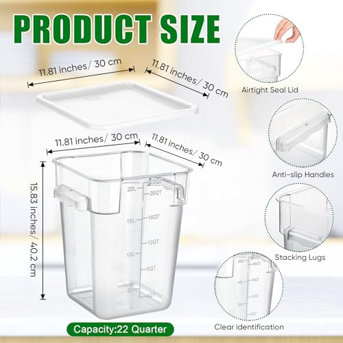 FoldTier 2 Pieces Square Food Storage Containers Polycarbonate Clear food Container with Lid Commercial Storage with Graduations for Commercial Kitchen Dough Marinating Meat(White,22 Qt) - color: White, size: 22 Qt