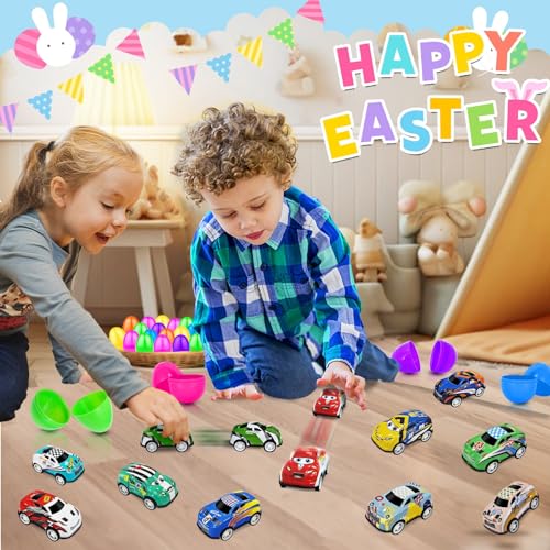 24 Pack Prefilled Easter Eggs with Pull Back Cars, Easter Basket Stuffers Toys Colorful Racing Vehicle for Kids Boys Toddlers Basket Stuffers Filler Surprise Egg Hunt Party Favor Classroom Prize - style: 24 Pack Easter Eggs with Pull Back Cars
